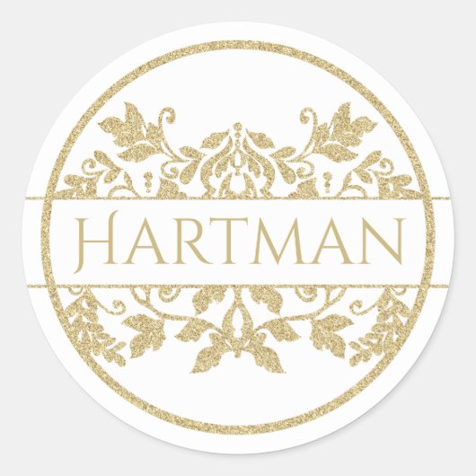 Gold Vine Floral Damask Emblem Wit Ronde Sticker (Voorkant)