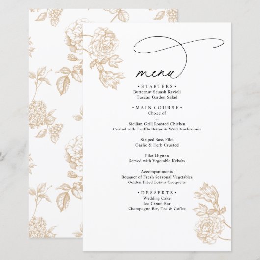 Gold Vintage Floral Modern Script Wedding Menu (Voorkant / Achterkant)