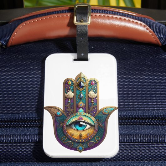 Gold Violet Teal Hamsa w/ Turquoise Third Eye Bagagelabel (Voorkant Insitu 2)