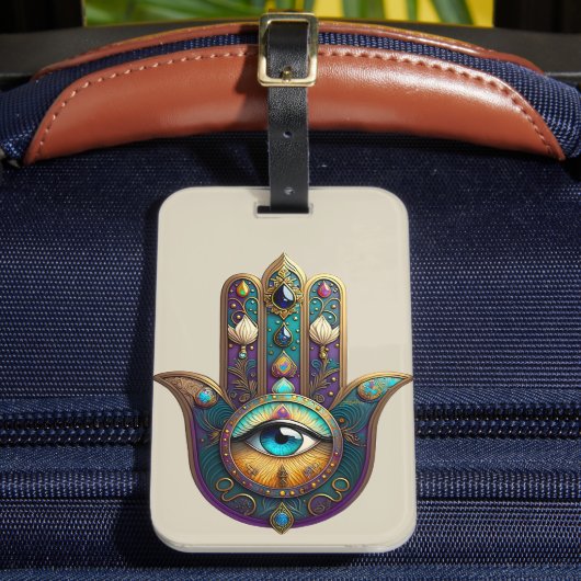 Gold Violet Teal Hamsa w/ Turquoise Third Eye Bagagelabel (Voorkant Insitu 2)