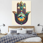 Gold Violet Teal Hamsa w/ Turquoise Third Eye Canvas Afdruk (Insitu (Slaapkamer))