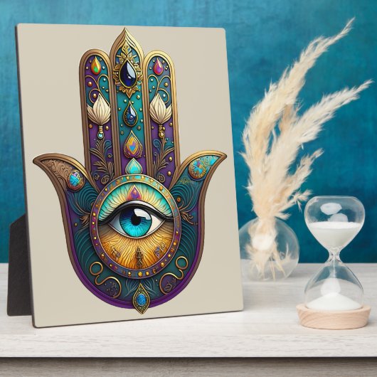 Gold Violet Teal Hamsa w/ Turquoise Third Eye Fotoplaat (Zijkant)