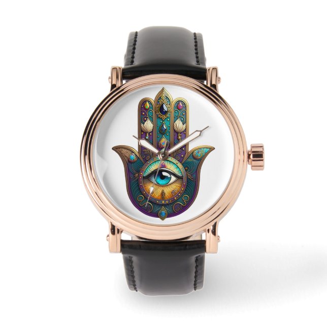 Gold Violet Teal Hamsa w/ Turquoise Third Eye Horloge (Voorkant)