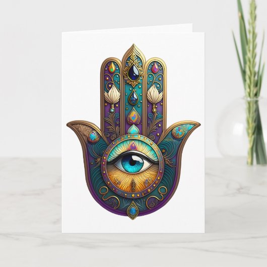 Gold Violet Teal Hamsa w/ Turquoise Third Eye Kaart (Voorkant)
