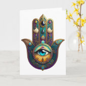 Gold Violet Teal Hamsa w/ Turquoise Third Eye Kaart (Gele Bloem)
