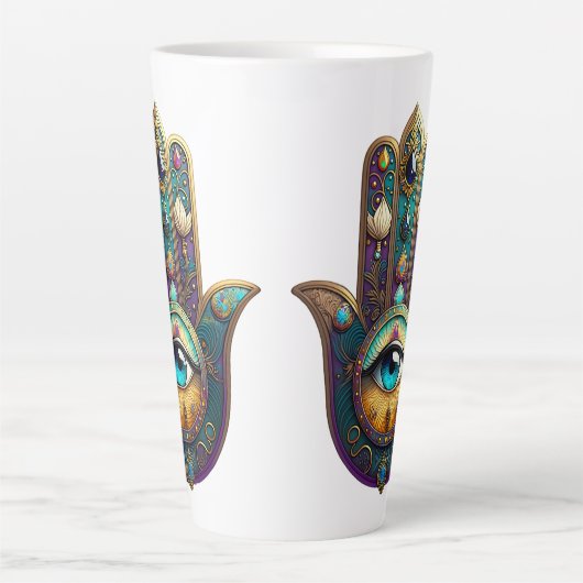 Gold Violet Teal Hamsa w/ Turquoise Third Eye Latte Mok (Voorkant)