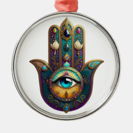 Gold Violet Teal Hamsa w/ Turquoise Third Eye Metalen Ornament
