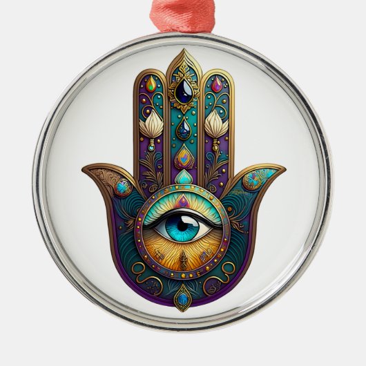 Gold Violet Teal Hamsa w/ Turquoise Third Eye Metalen Ornament (Voorkant)
