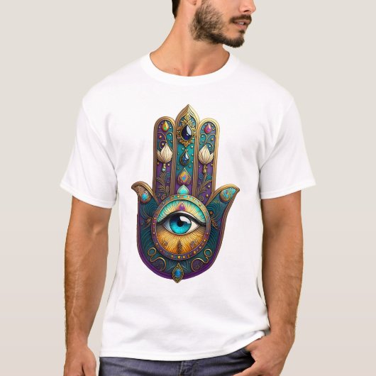 Gold Violet Teal Hamsa w/ Turquoise Third Eye T-shirt (Voorkant)
