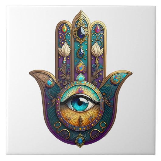 Gold Violet Teal Hamsa w/ Turquoise Third Eye Tegeltje (Voorkant)
