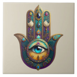 Gold Violet Teal Hamsa w/ Turquoise Third Eye Tegeltje