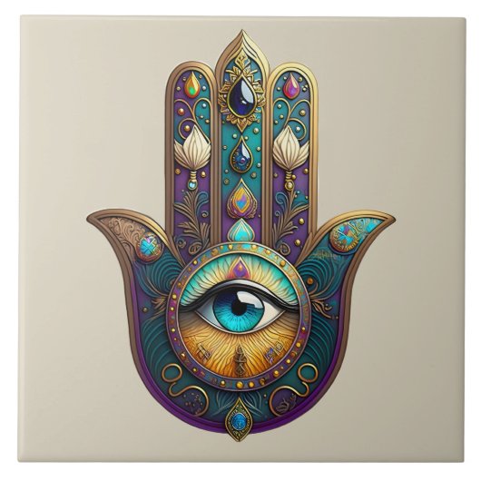 Gold Violet Teal Hamsa w/ Turquoise Third Eye Tegeltje (Voorkant)