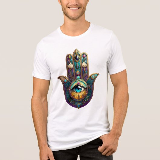 Gold Violet Teal Hamsa w/ Turquoise Third Eye Tri-Blend Shirt (Voorkant)