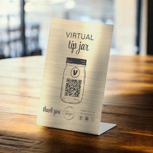 Gold Virtual Tip Jar QR Code Logo Wit Reclamebord Met Voetstuk
