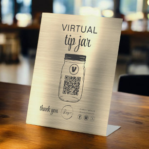 Gold Virtual Tip Jar QR Code Logo Wit Reclamebord Met Voetstuk