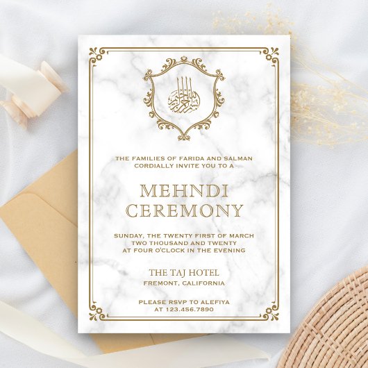  Gold Vourish White Marble Islamic Mehndi  Informatiekaartje