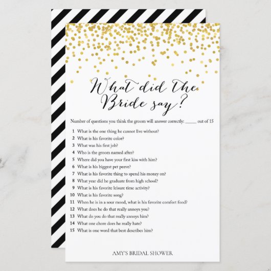 Gold Vrijgezellenfeest Game - Wat zei de bruid al? (Voorkant / Achterkant)