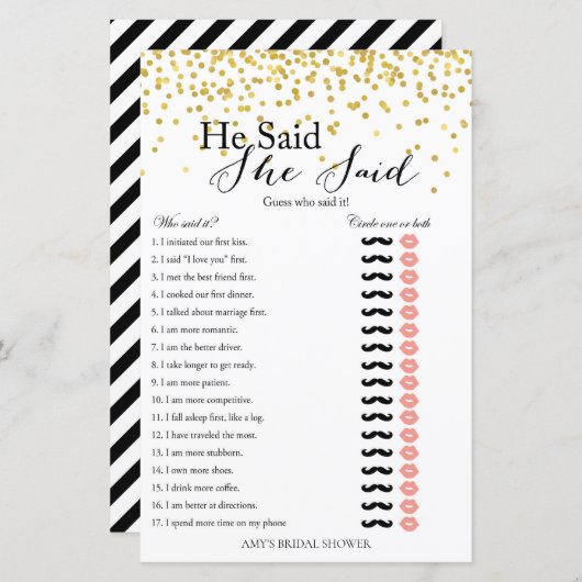 Gold Vrijgezellenfeest Game zei dat ze zei: (Voorkant / Achterkant)