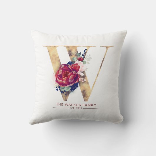 Gold W Monogram Floral Burgundy Red en Navy Blue Kussen (Achterkant)