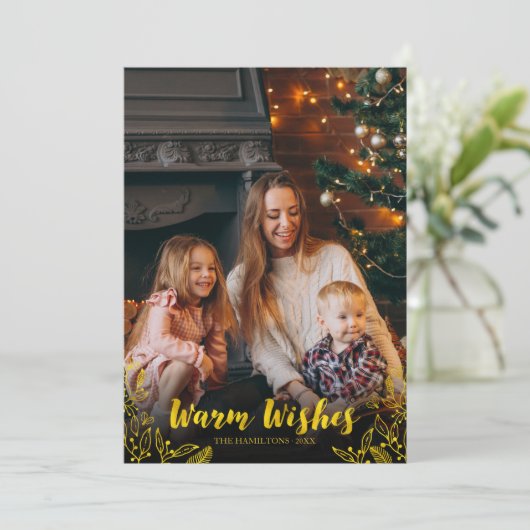 Gold Warm Wishes Winter Leaves Kaart (Staand voorkant)