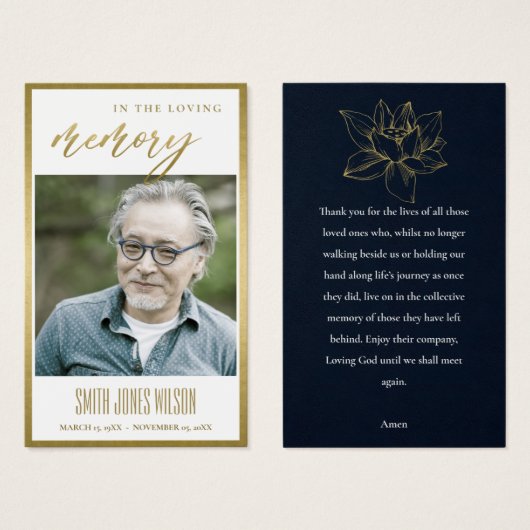 GOLD WATER LILY FLORAL MEMORIAL FOTO PRAYER KAART (Voorkant /achterkant)