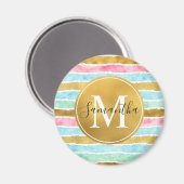 Gold Watercolor Stripes Monogram Magneet (Voorkant / Achterkant)