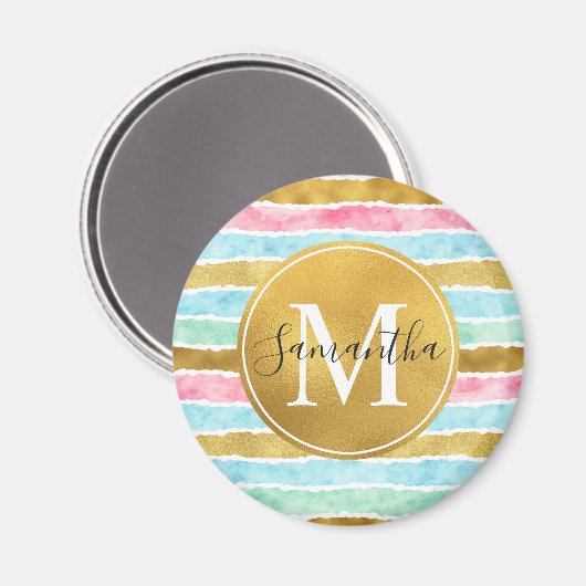 Gold Watercolor Stripes Monogram Magneet (Voorkant / Achterkant)