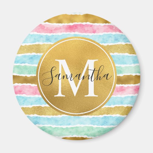 Gold Watercolor Stripes Monogram Magneet (Voorkant)