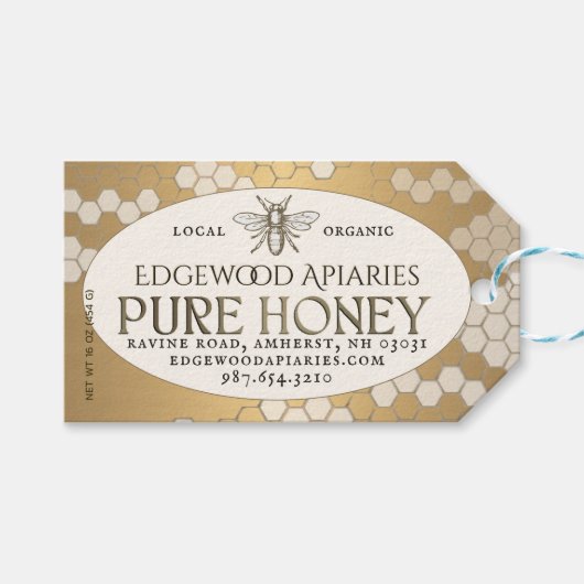Gold Waterdicht honingetiket met honingraat en bij Cadeaulabel (Voorkant (Horizontaal))