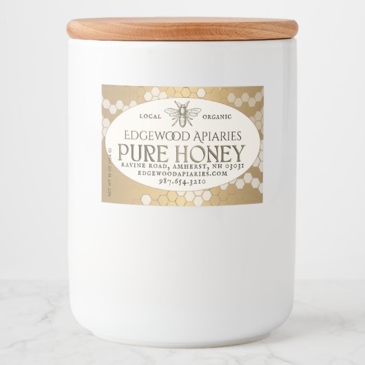 Gold Waterdicht honingetiket met honingraat en bij Voedselcontainer Etiket (Voorkant)