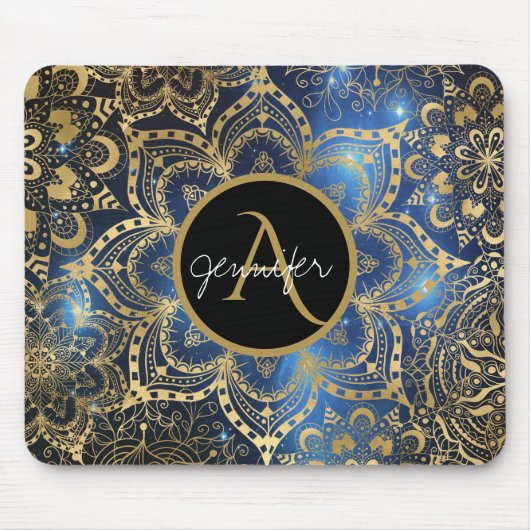 Gold waterverf en nebula mandala Blue Monogram Muismat (Voorkant)