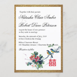 Gold Waterverf Floral Bird Xi Wedding Kaart