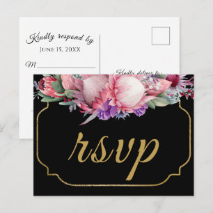Gold Waterverf Floral Black Wedding RSVP Briefkaart