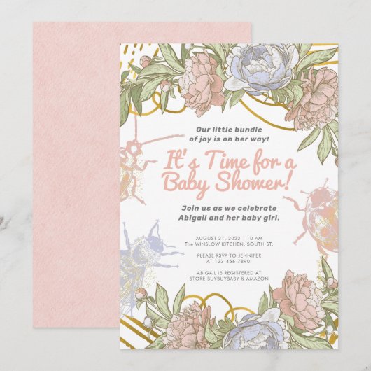 Gold Waterverf Floral & Greenery Girl Baby shower Kaart (Voorkant / Achterkant)