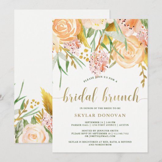 Gold Waterverf Floral op White | Bridal Brunch Kaart (Voorkant / Achterkant)