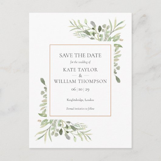 Gold Waterverf Greenery Wedding Save the Date Uitnodiging Briefkaart (Voorkant)