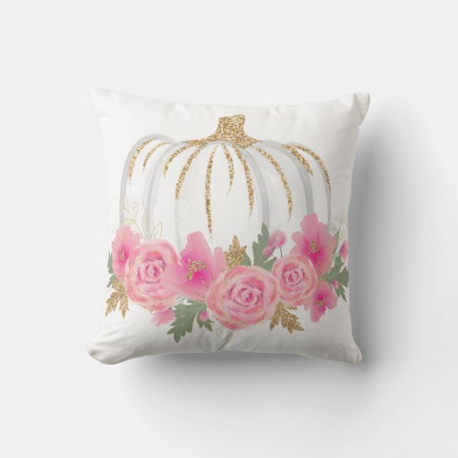 Gold Waterverf Pumpkin Pink Floral Kussen (Voorkant)