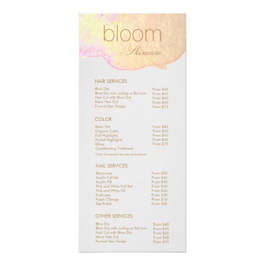 Gold Waterverf Salon Price List Service Menu (Voorkant)