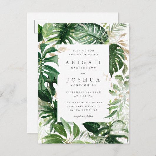 Gold & Waterverf Tropical Greenery Wedding Uitnodiging Briefkaart (Voorkant / Achterkant)