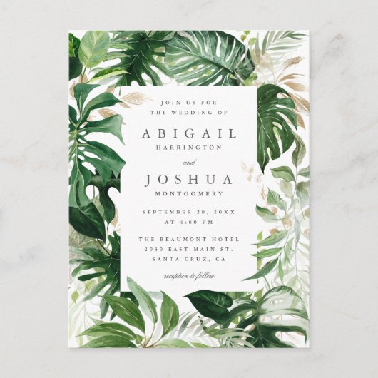 Gold & Waterverf Tropical Greenery Wedding Uitnodiging Briefkaart (Voorkant)