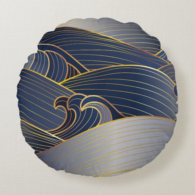 Gold Wave Lines, Abstract . Rond Kussen (Voorkant)