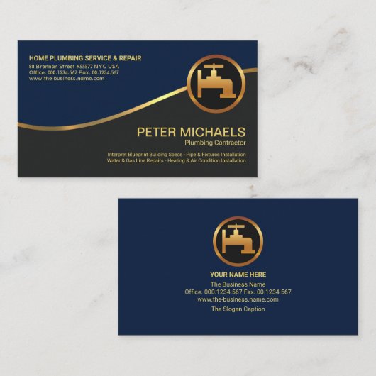 Gold Wave Stylish Blue Grey Lagen Plumber Visitekaartje (Voorkant / Achterkant)