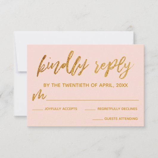 Gold Waves Handschrift Blush Pink Vriendelijk Antw RSVP Kaartje (Voorkant)