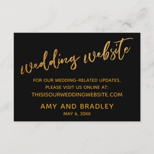 Gold Waves & Handwriting Black Wedding Website Informatiekaartje (Voorkant)