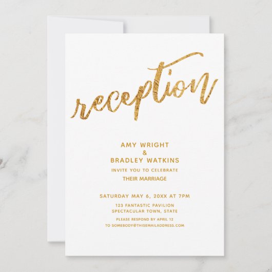 Gold Waves & Handwriting White Weduwen Reception Kaart (Voorkant)