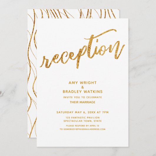 Gold Waves & Handwriting White Weduwen Reception Kaart (Voorkant / Achterkant)