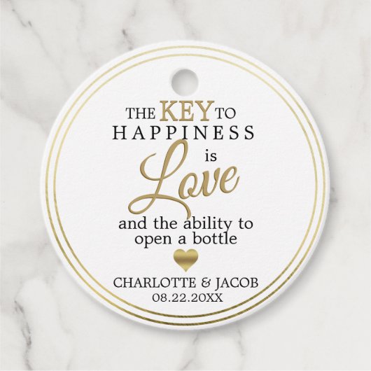 GOLD Weddenschap sleutel tot geluk is de open fles Bedankjes Labels (Voorkant)
