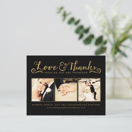 Gold Wedding Bedankt Script Typografie Foto Briefkaart (Staand voorkant)