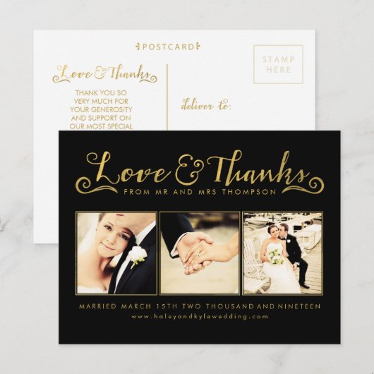 Gold Wedding Bedankt Script Typografie Foto Briefkaart (Voorkant / Achterkant)