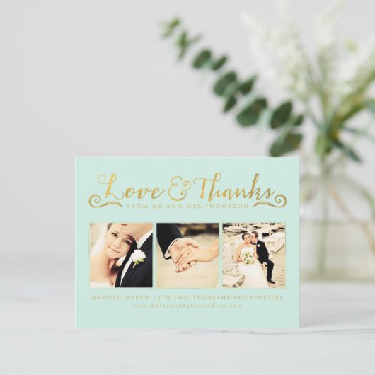 Gold Wedding Bedankt Script Typografie Foto Briefkaart (Staand voorkant)